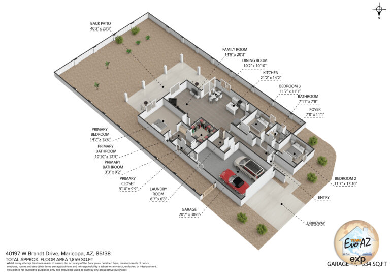 Detailed floor plan of a Maricopa AZ single-level home with large garage, showing bedrooms, bathrooms, kitchen, and garage layout