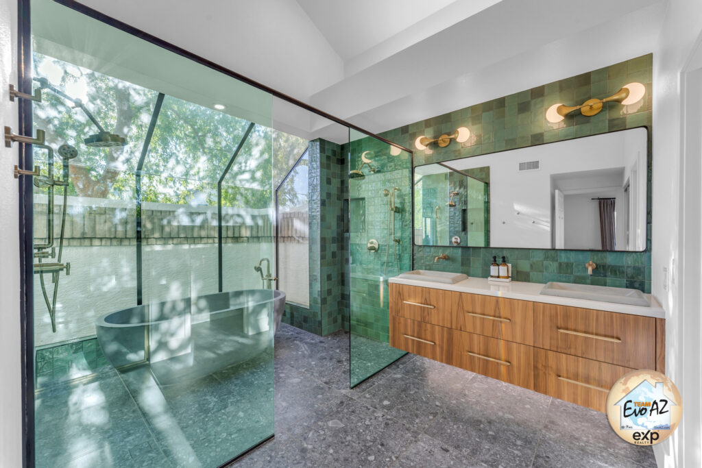 Spa-inspired bathroom with soaking tub and glass walk-in shower