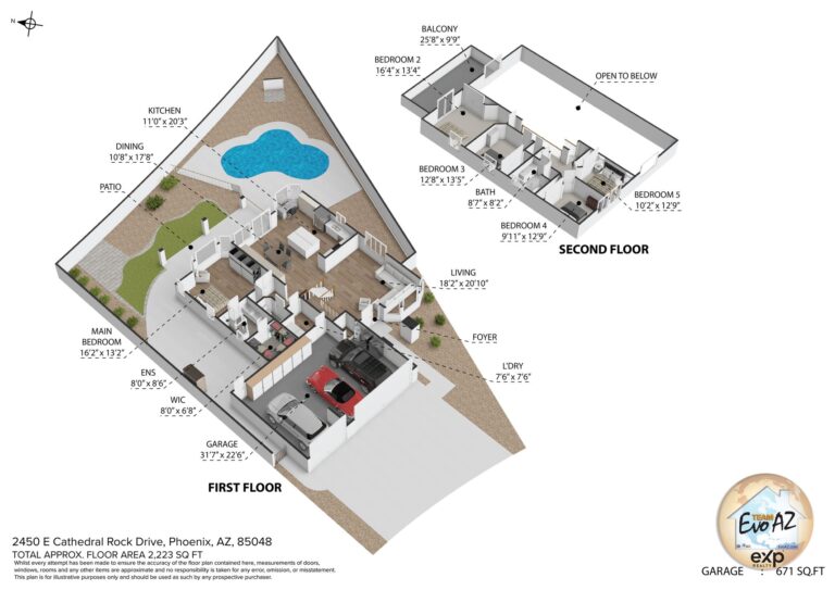 Floor plan of a spacious Ahwatukee residence featuring a flexible five bedroom layout and open living areas