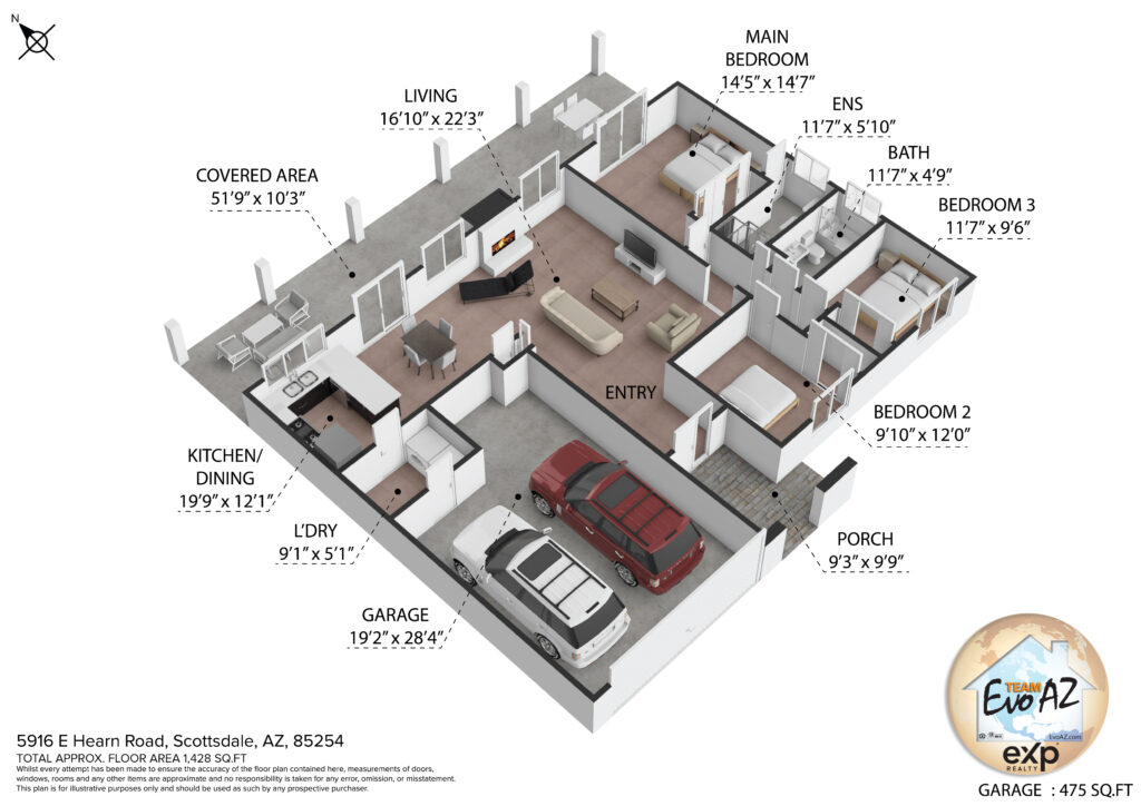 Floor plan showing the layout of a single level Scottsdale home with three bedrooms and open living areas