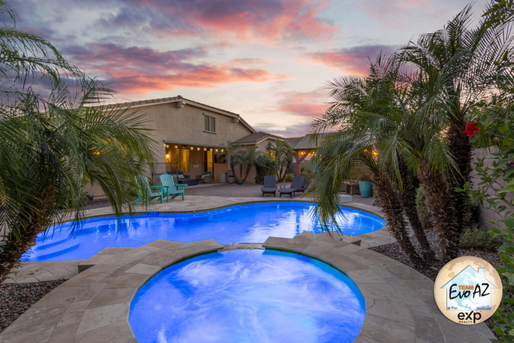Gilbert AZ home with pool and spa front exterior on oversized 11000 square foot lot in Freeman Farms