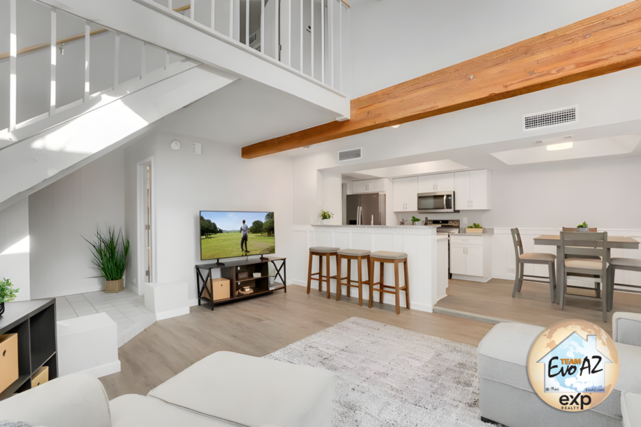 Interior with high ceilings and Remodeled Kitchen Quartz Counters in Pointe South Mountain Phoenix AZ home