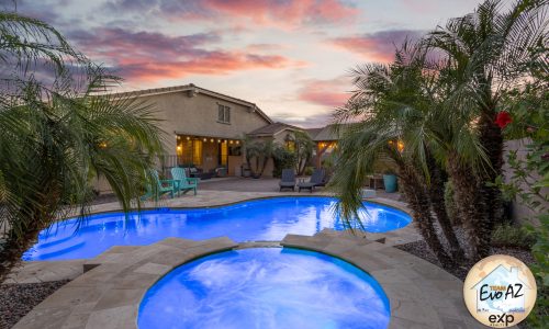 Gilbert AZ home with pool and spa front exterior on oversized 11000 square foot lot in Freeman Farms
